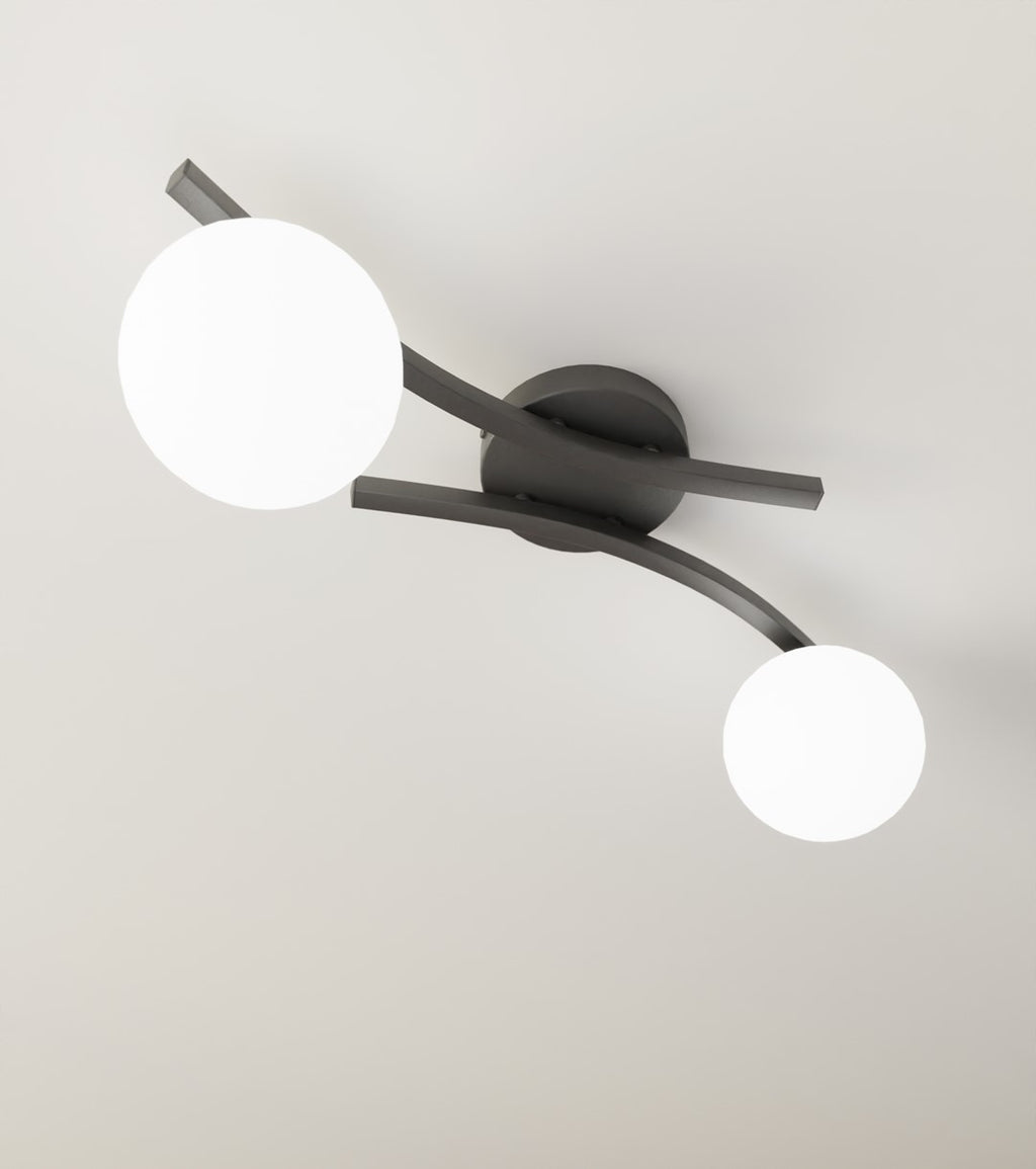 Plafondlamp gepoedercoat staal en glas Opus zwart met witte glazen kappen, 2 lichts E14 – woonkamer, eetkamer, slaapkamer