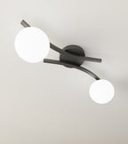 Plafondlamp gepoedercoat staal en glas Opus zwart met witte glazen kappen, 2 lichts E14 – woonkamer, eetkamer, slaapkamer