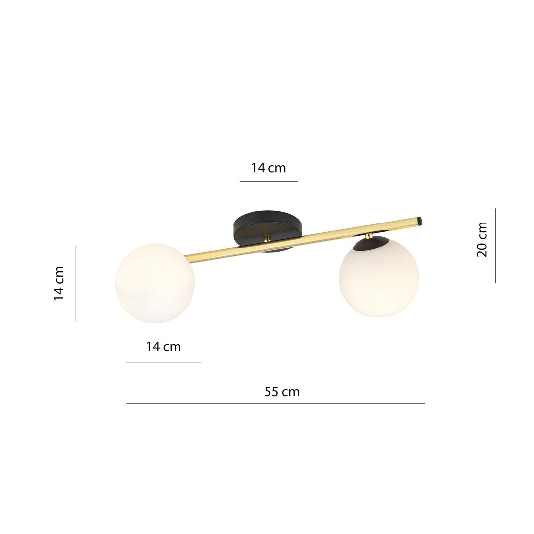 Plafondlamp Splendi gepoedercoat staal en glas, modern, zwart en goud met witte glazen kappen, 2 lichts, 55 cm
