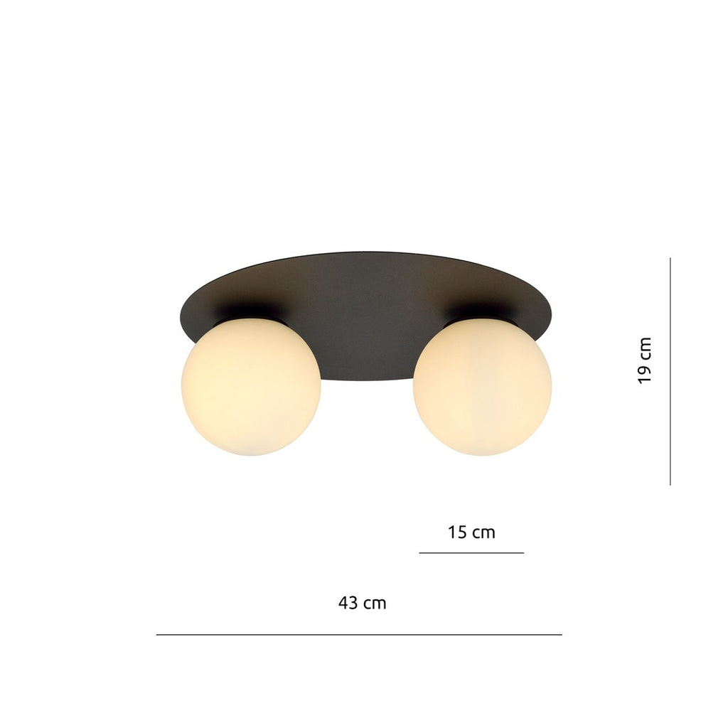 Plafondlamp gepoedercoat staal en glas Solar minimalistisch, zwart met witte kap, 2 lichtpunten, 43 x 19 cm