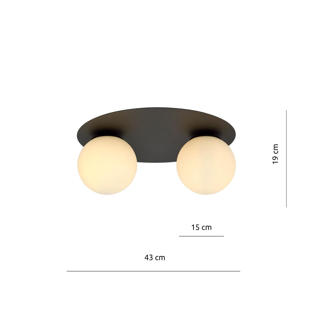 Plafondlamp gepoedercoat staal en glas Solar minimalistisch, zwart met witte kap, 2 lichtpunten, 43 x 19 cm