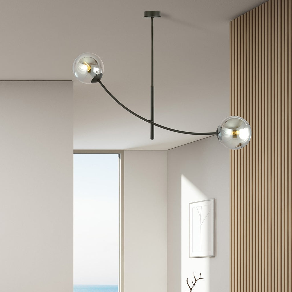 Plafondlamp gepoedercoat staal en glas Hunter 2 zwart met grafiet glazen kappen, 2 lichtpunten E14 – 83 x 60 cm