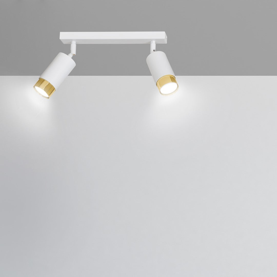 Plafondlamp gepoedercoat staal Hiro modern wit en goud, 2 spots met GU10-fitting, 30 cm breed