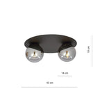 Plafondlamp Solar 2 gepoedercoat staal en glas, zwart met grafiet glazen kappen, 2 lichtpunten, E14
