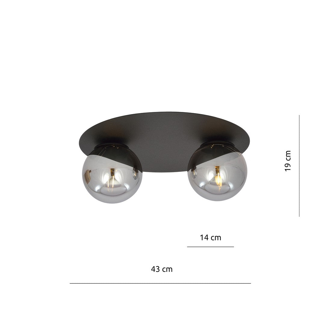 Plafondlamp Solar 2 gepoedercoat staal en glas, zwart met grafiet glazen kappen, 2 lichtpunten, E14