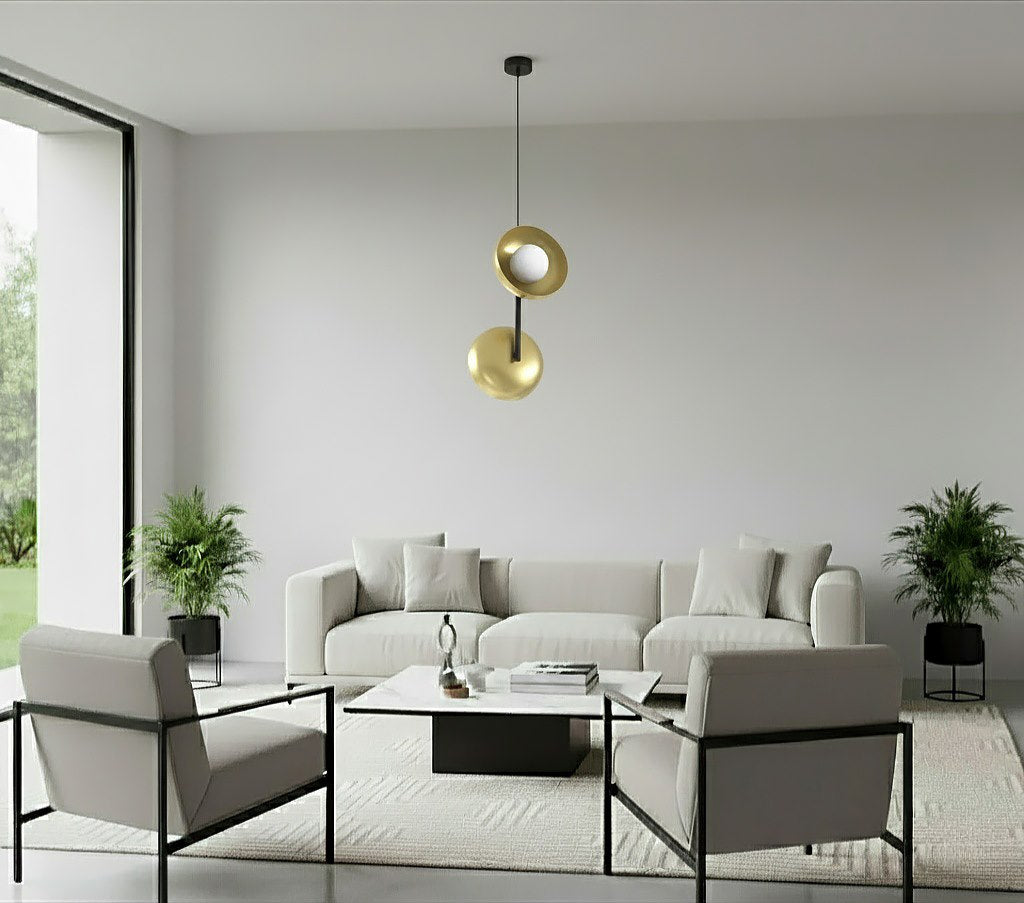 Hanglamp staal en glas minimalistisch Vanille goud met wit 23 x 23 x 120 cm, 2 fittingen G9 voor eetkamer en hal