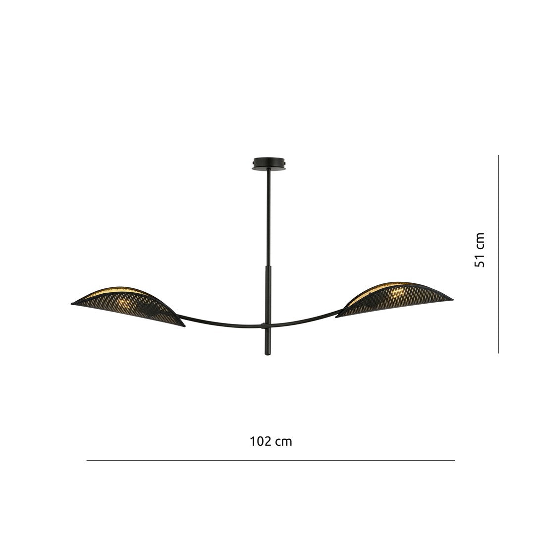 Plafondlamp Lotus gepoedercoat staal, modern, zwart met goud, 2 lichtpunten, 103 x 60 cm, woonkamer en slaapkamer