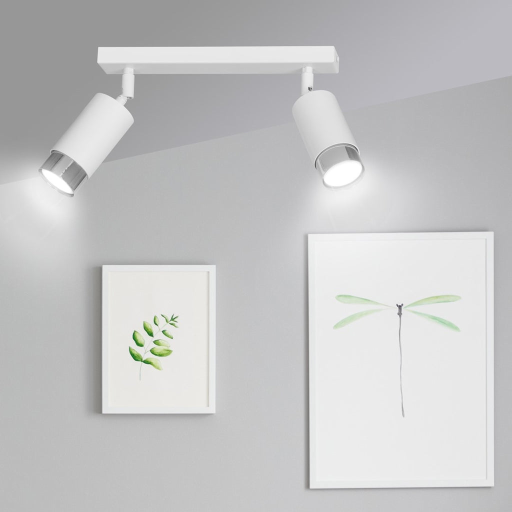 Plafondlamp gepoedercoat staal Hiro 2 spots, wit met zilver, 30 x 19 cm, voor hal en keuken