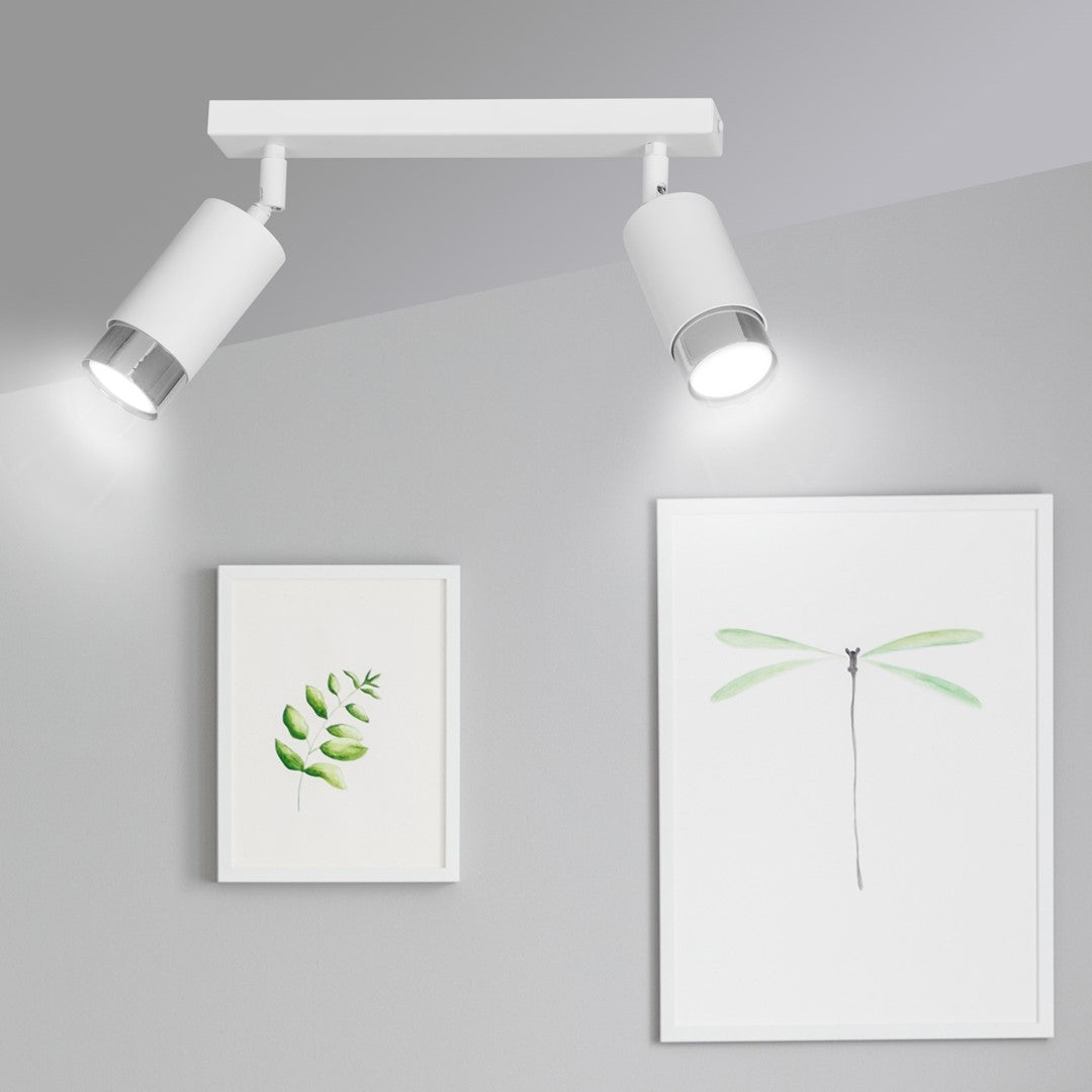 Plafondlamp gepoedercoat staal Hiro 2 spots, wit met zilver, 30 x 19 cm, voor hal en keuken