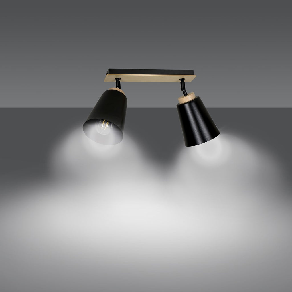 Plafondlamp gepoedercoat staal en multiplex Atlas, Scandinavisch zwart, 2 spots met E27-fitting, 55 x 30 cm
