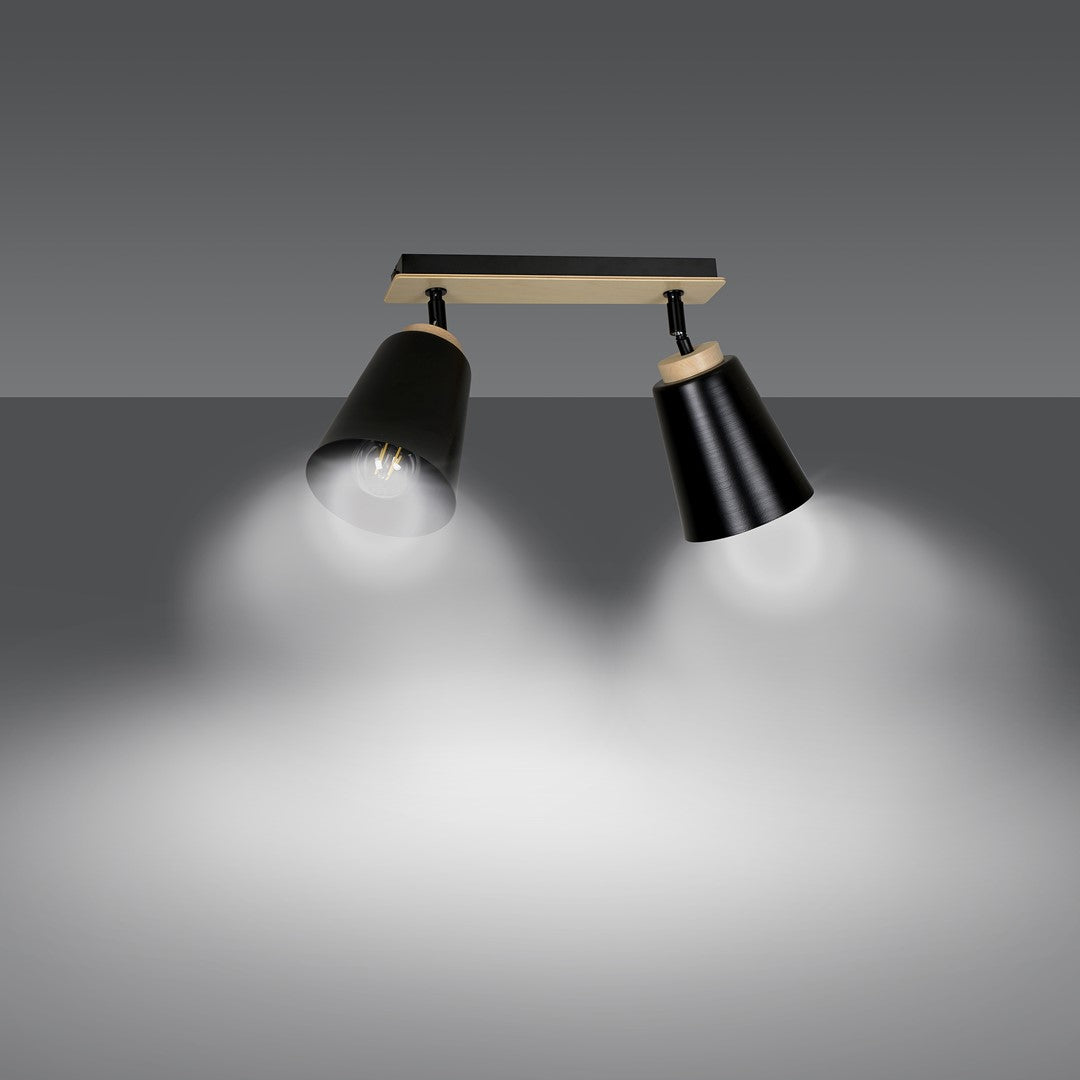 Plafondlamp gepoedercoat staal en multiplex Atlas, Scandinavisch zwart, 2 spots met E27-fitting, 55 x 30 cm