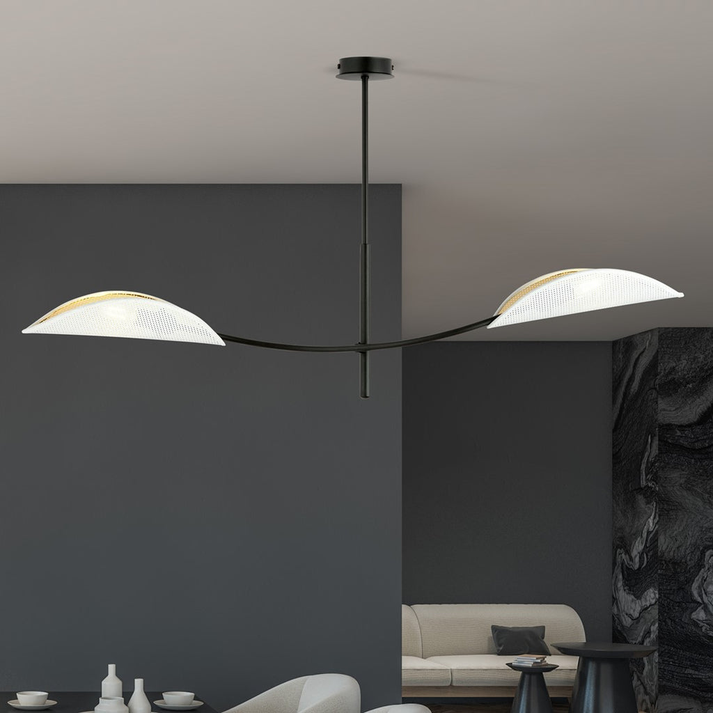 Plafondlamp gepoedercoat staal modern Lotus, zwart met witte stoffen kappen, 2 lichtpunten E14, 103 x 60 cm
