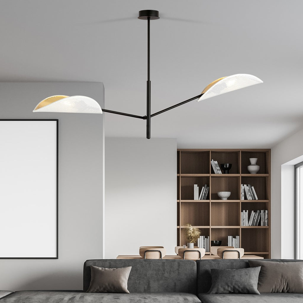 Plafondlamp Vene gepoedercoat staal, modern, zwart met wit en goud, 2 lichtpunten, 102 x 51 cm, woonkamer en slaapkamer
