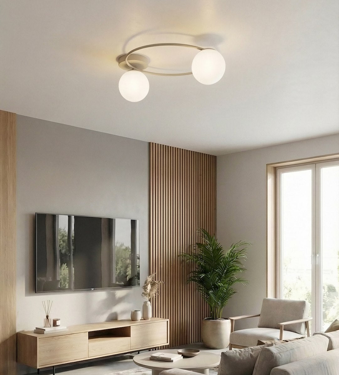 Plafondlamp staal en glas Sopra modern beige met witte glazen kappen Ø 47 cm, 2 fittingen E14, woonkamer