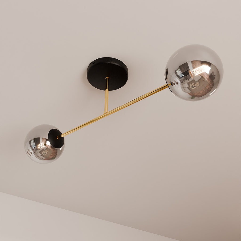 Plafondlamp gepoedercoat staal en glas, Magnum, zwart en goud met grafiet glazen kappen, 2 lichts, 55 cm breed