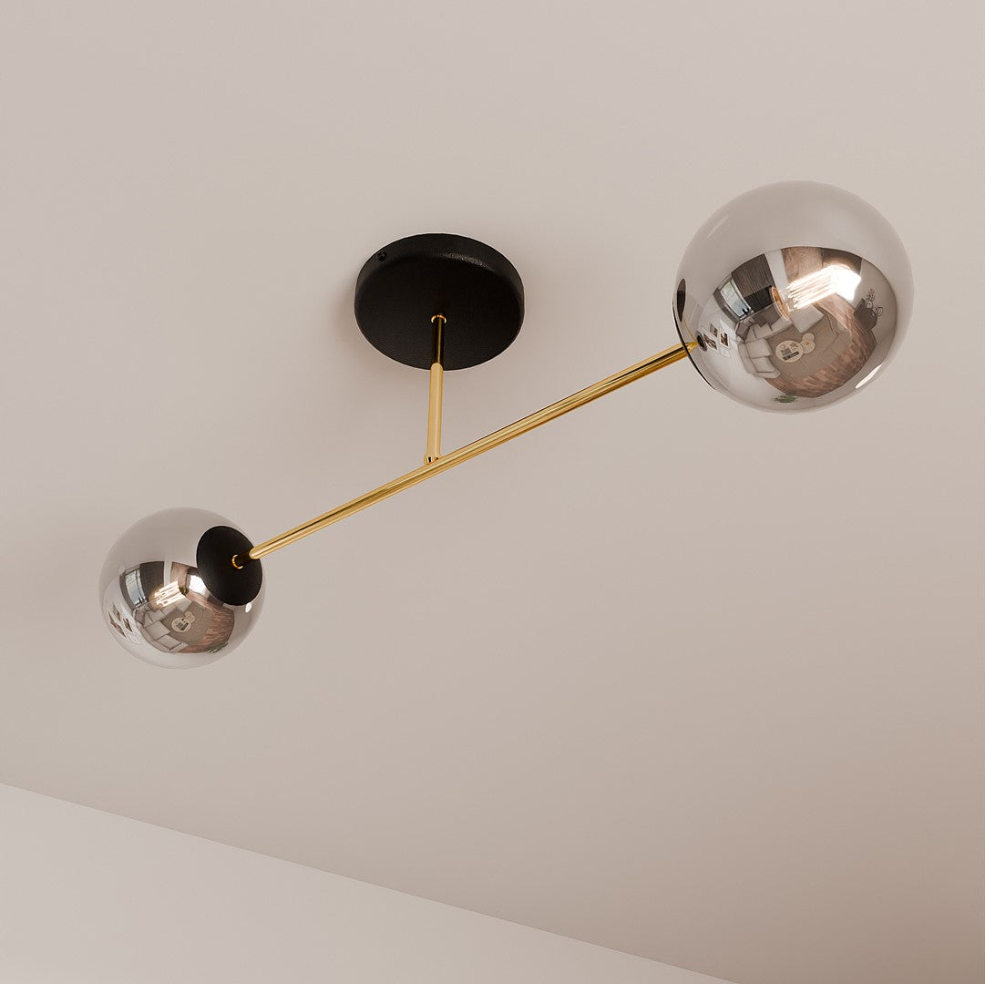 Plafondlamp gepoedercoat staal en glas, Magnum, zwart en goud met grafiet glazen kappen, 2 lichts, 55 cm breed