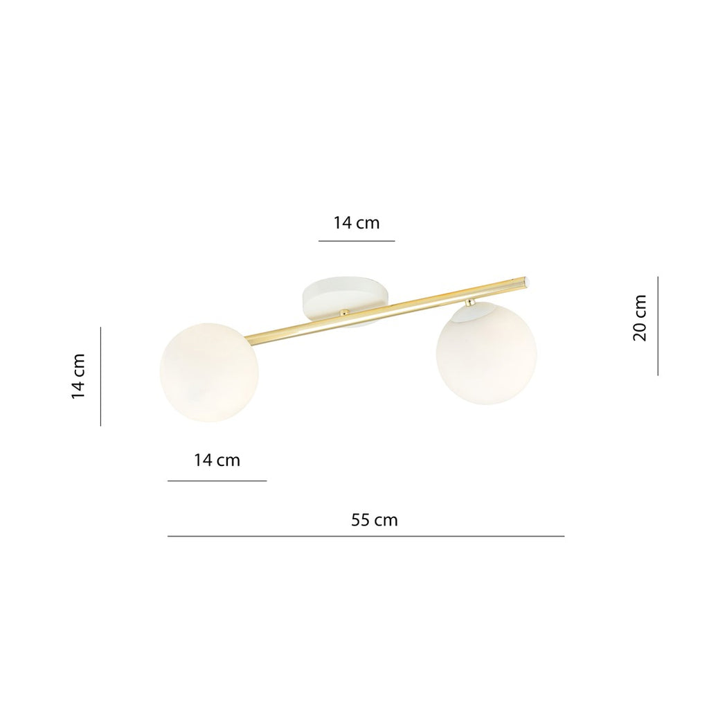 Plafondlamp gepoedercoat staal en glas Splendi, wit en goud, 2 lichts, 55 x 20 cm, modern
