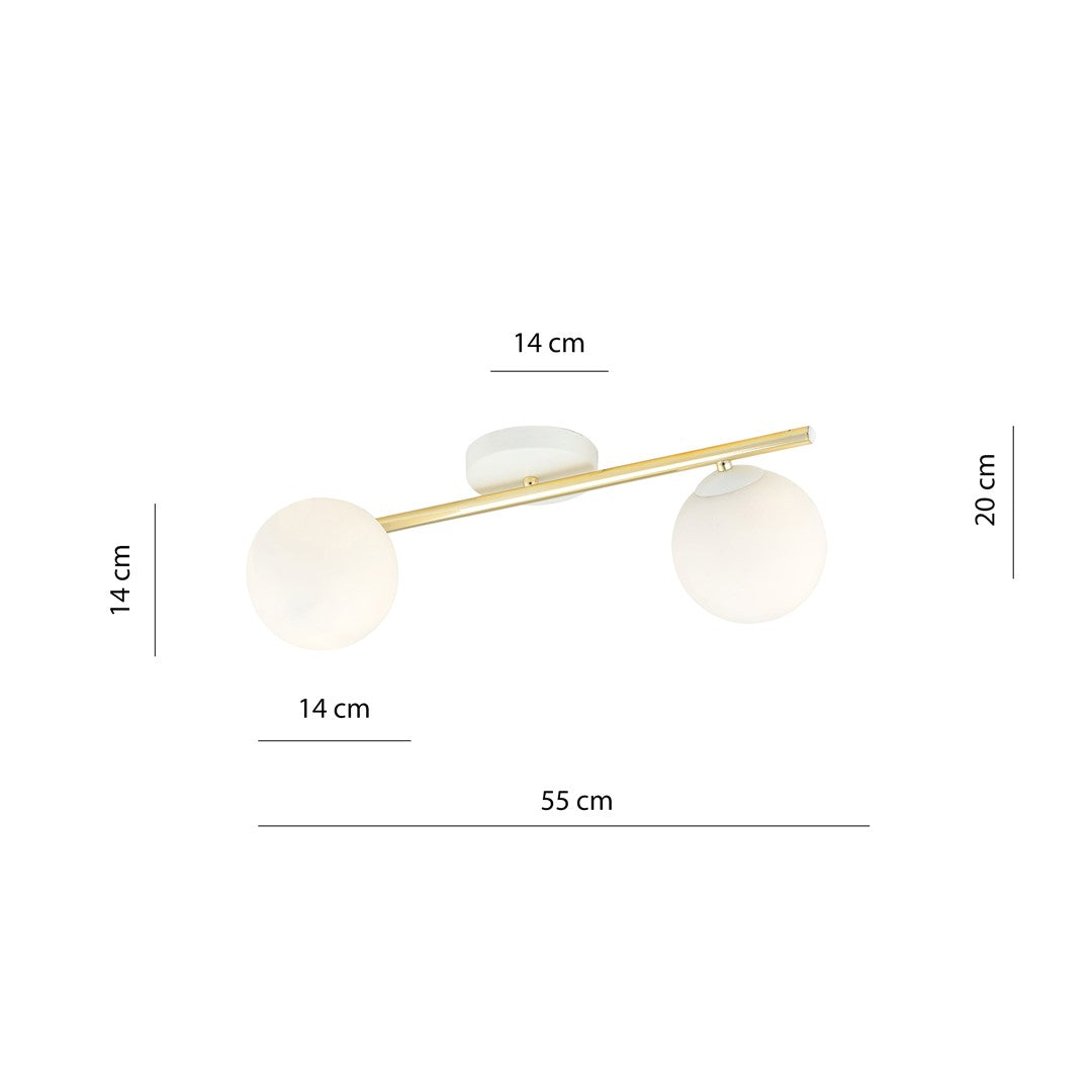 Plafondlamp gepoedercoat staal en glas Splendi, wit en goud, 2 lichts, 55 x 20 cm, modern