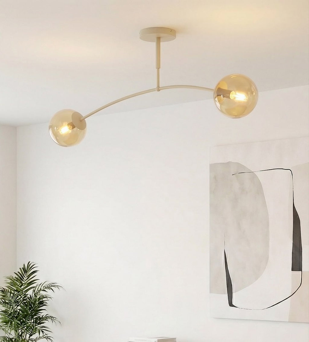Plafondlamp gepoedercoat staal modern Pregos beige met amber glas, 60 cm, 2 lichtpunten voor woonkamer