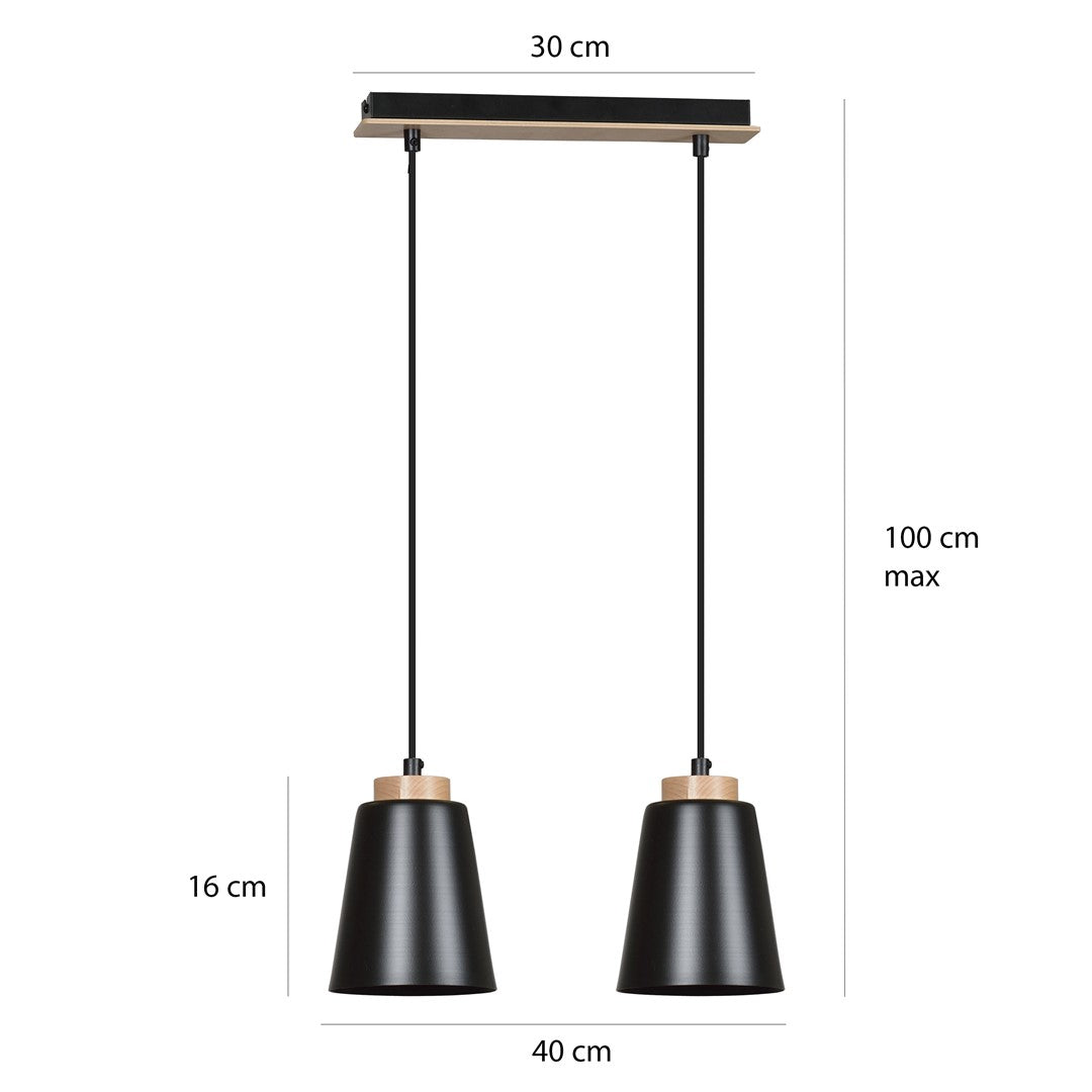Hanglamp gepoedercoat staal en hout Bolero, zwart, 2 lichts, Scandinavisch, 40 x 100 cm, woonkamer