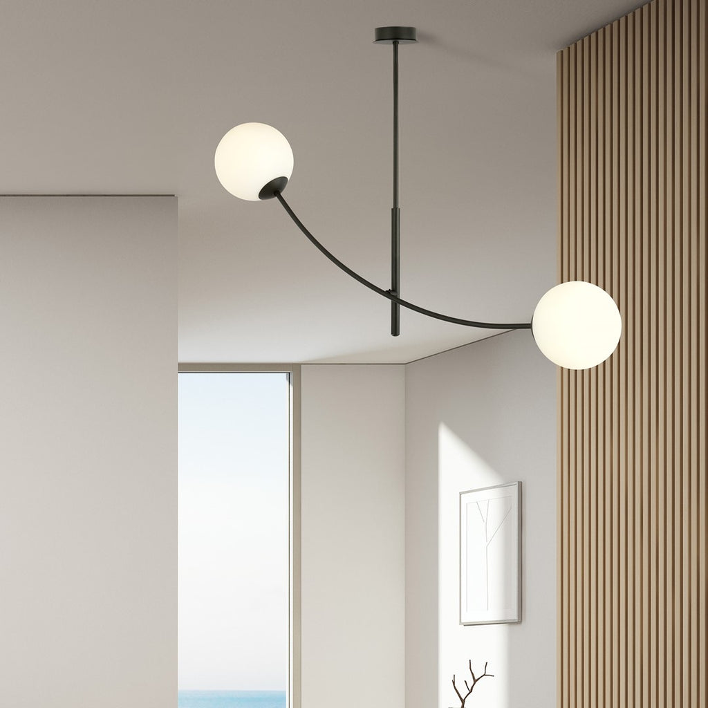 Plafondlamp gepoedercoat staal modern Hunter zwart met witte glazen kappen, 83 x 60 cm, 2 fittingen