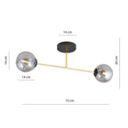 Plafondlamp gepoedercoat staal en glas, Magnum, zwart en goud met grafiet glazen kappen, 2 lichts, 55 cm breed