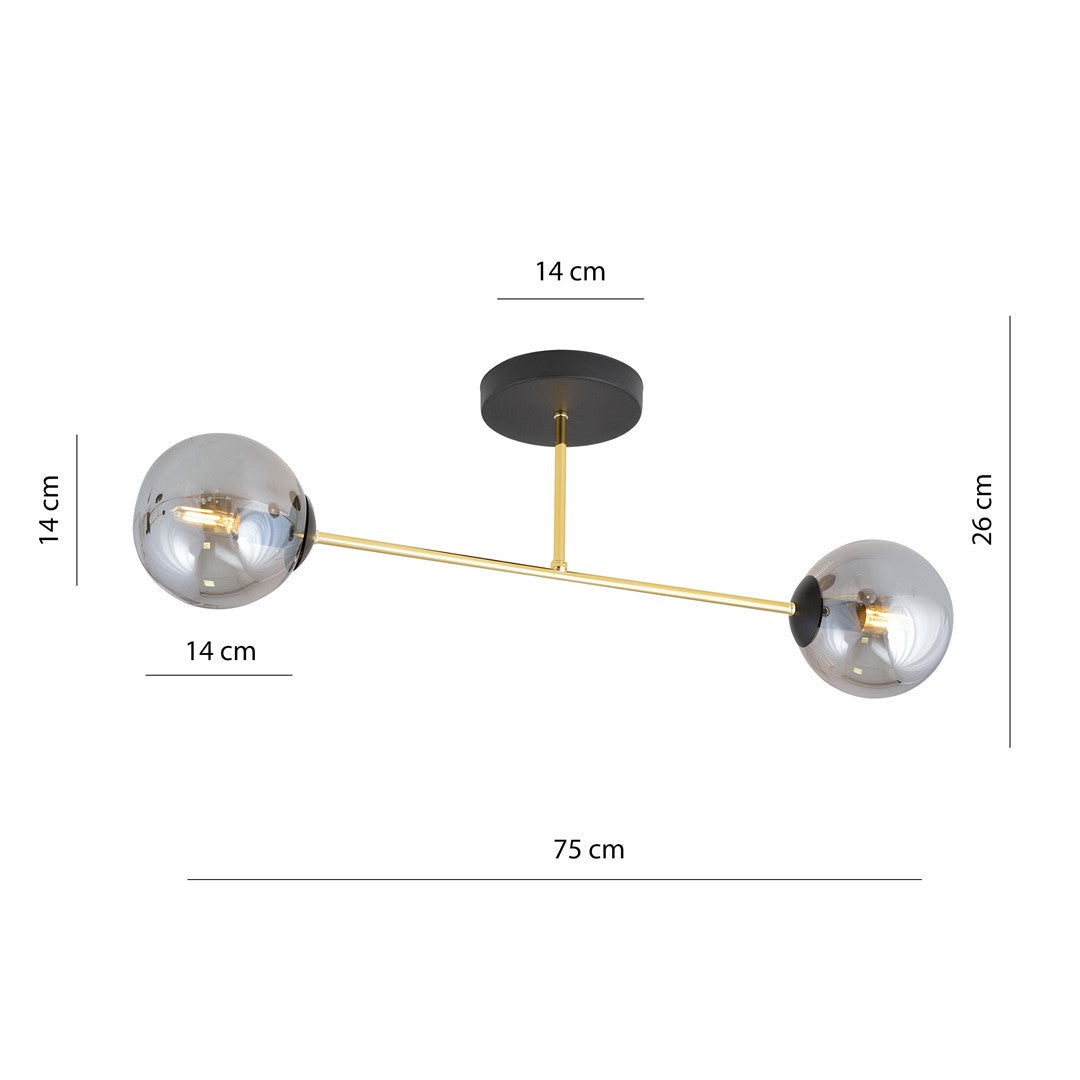 Plafondlamp gepoedercoat staal en glas, Magnum, zwart en goud met grafiet glazen kappen, 2 lichts, 55 cm breed