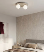Plafondlamp gepoedercoat staal modern beige, 2 witte glazen bollen, breedte 43 cm, voor woonkamer en slaapkamer