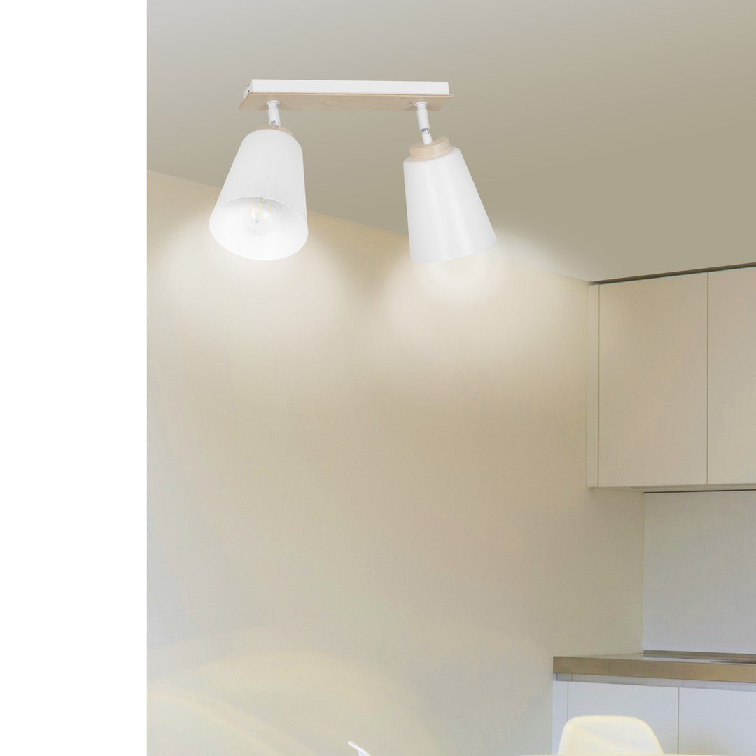 Plafondlamp staal en multiplex Scandinavisch Atlas wit, 2 spots met E27-fitting voor lage plafonds