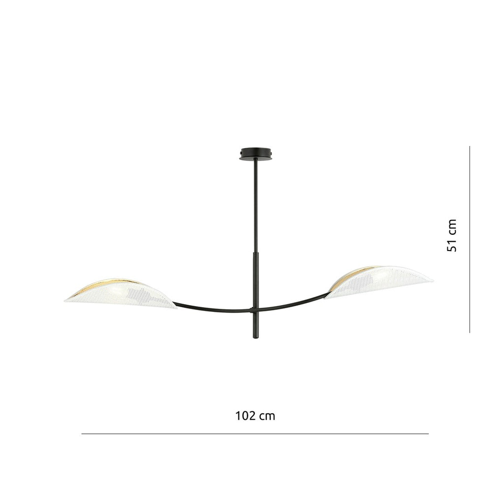 Plafondlamp gepoedercoat staal modern Lotus, zwart met witte stoffen kappen, 2 lichtpunten E14, 103 x 60 cm