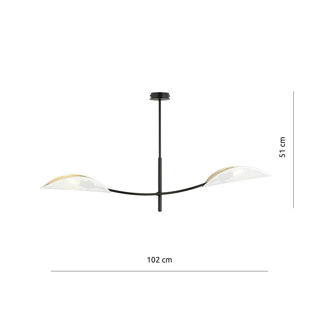 Plafondlamp gepoedercoat staal modern Lotus, zwart met witte stoffen kappen, 2 lichtpunten E14, 103 x 60 cm