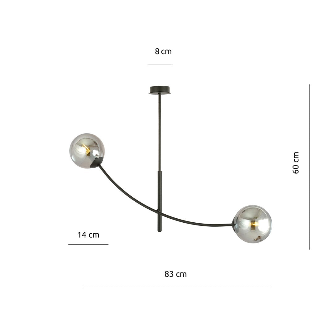 Plafondlamp gepoedercoat staal en glas Hunter 2 zwart met grafiet glazen kappen, 2 lichtpunten E14 – 83 x 60 cm