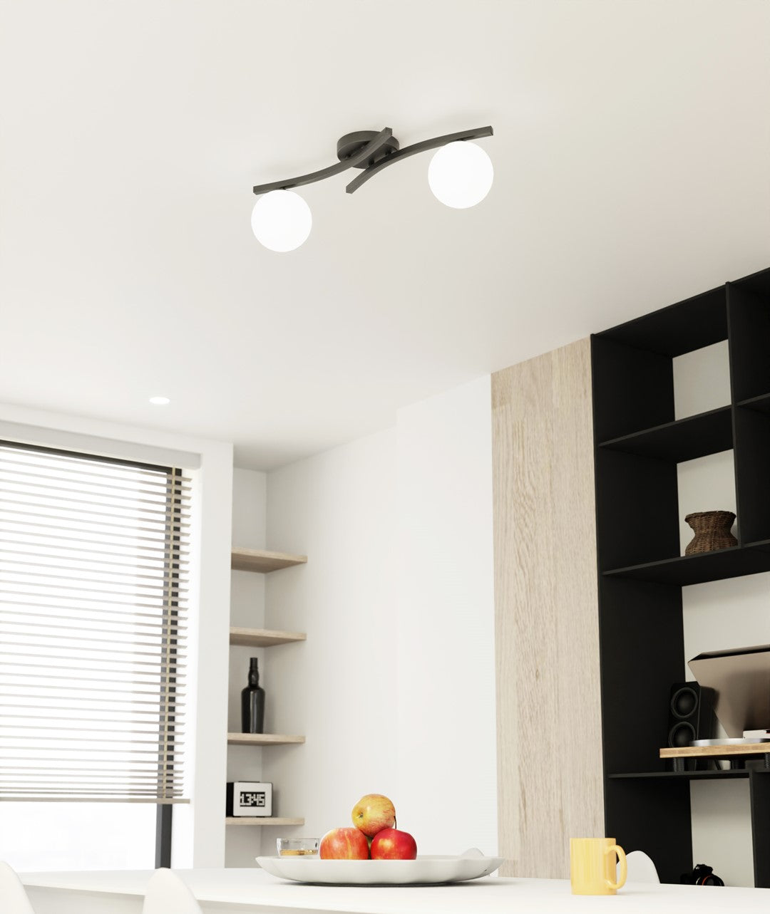 Plafondlamp gepoedercoat staal en glas Opus zwart met witte glazen kappen, 2 lichts E14 – woonkamer, eetkamer, slaapkamer
