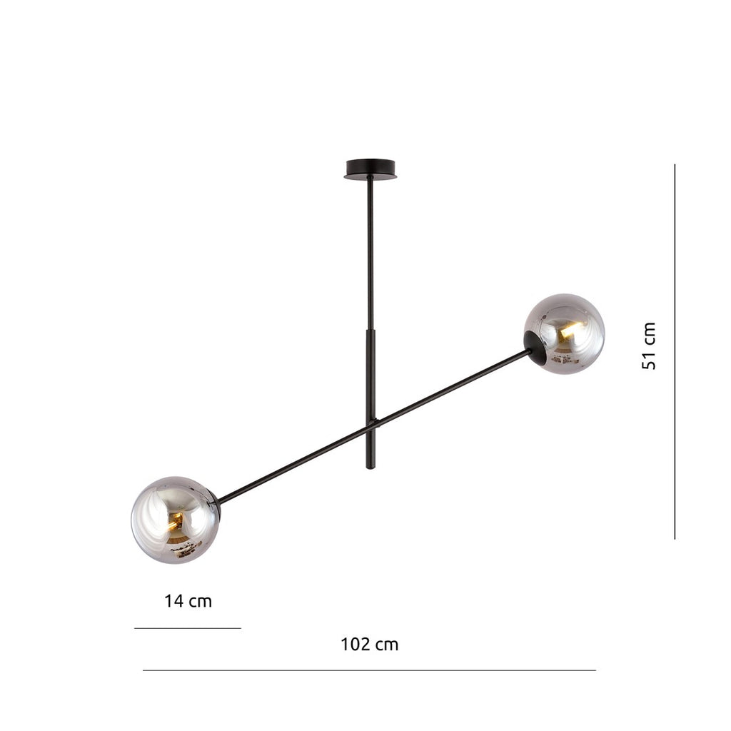 Hanglamp gepoedercoat staal en glas, modern Linear 2 zwart met grafiet glas, 2 lichtpunten, hoogte verstelbaar