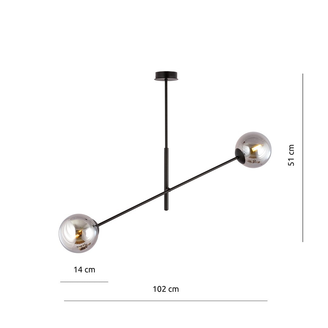 Hanglamp gepoedercoat staal en glas, modern Linear 2 zwart met grafiet glas, 2 lichtpunten, hoogte verstelbaar