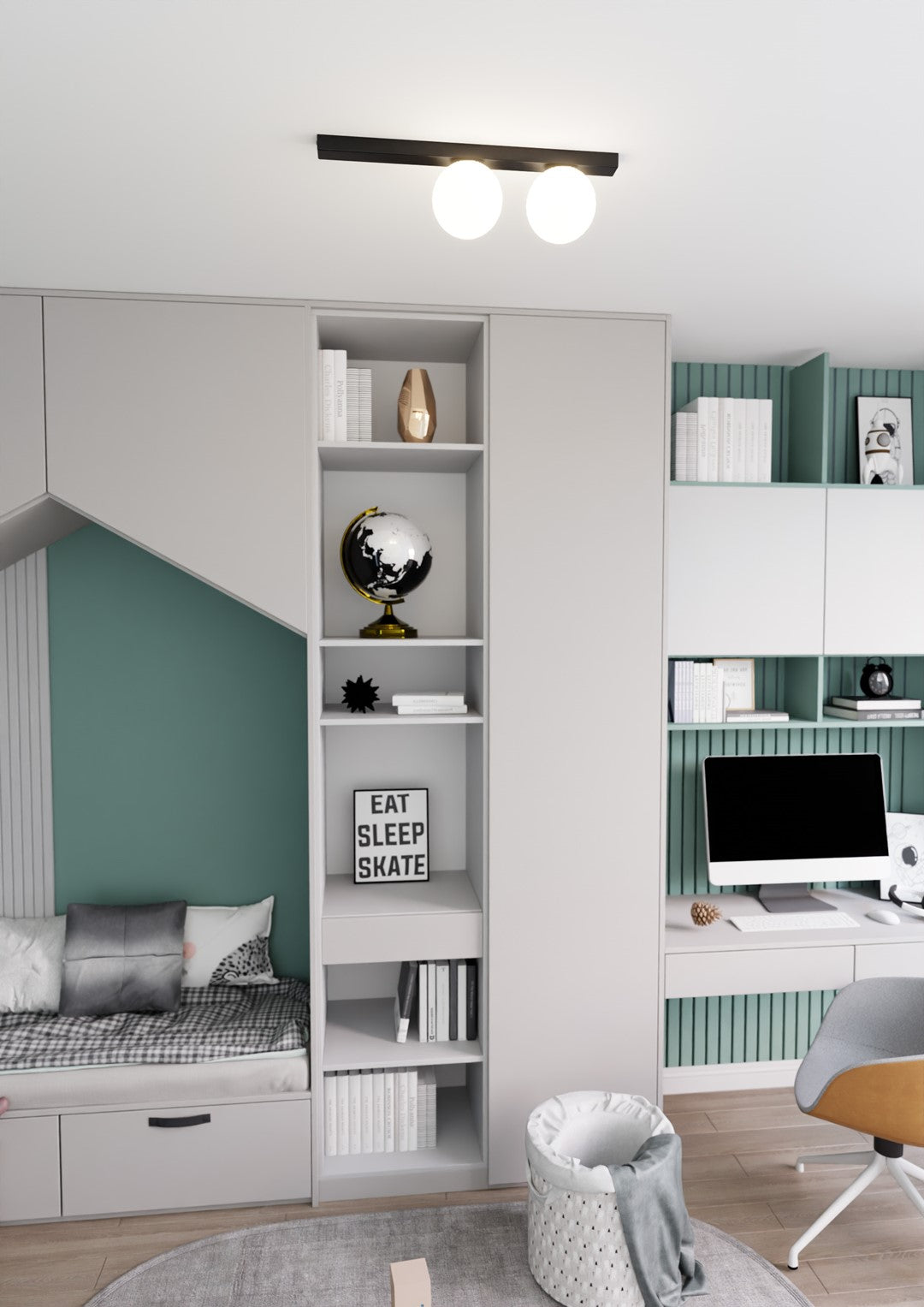 Plafondlamp gepoedercoat staal en glas, minimalistisch Fit, zwart met wit glas, 60 x 17 cm, 2 fittingen E14