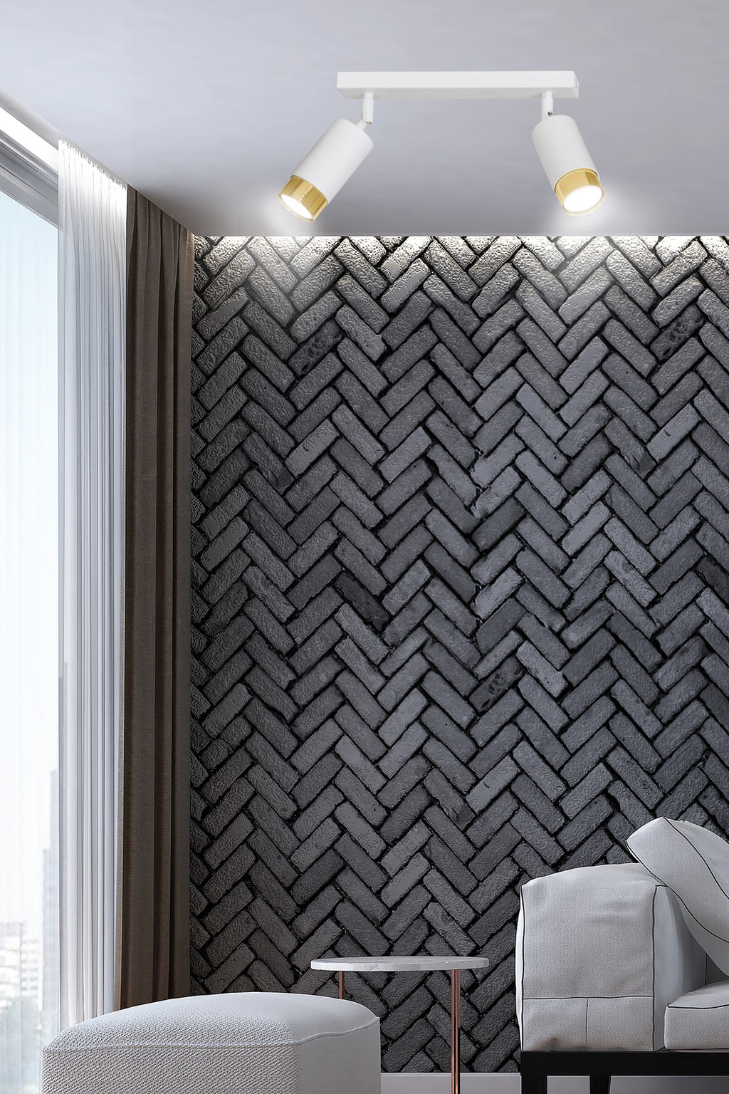 Plafondlamp gepoedercoat staal Hiro modern wit en goud, 2 spots met GU10-fitting, 30 cm breed