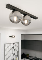 Plafondlamp gepoedercoat staal Fit minimalistisch, zwart met grafiet glazen kappen, 60 cm breed, 2 fittingen (E14)