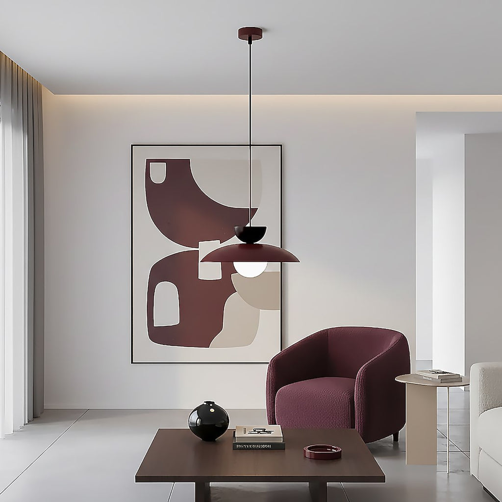 Hanglamp gepoedercoat staal en glas Scandinavisch Mulan bordeaux met zwart, Ø 30 cm, boven eettafel