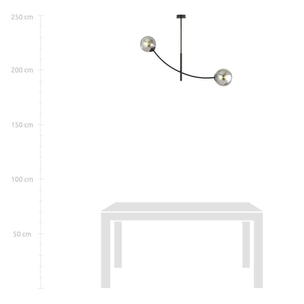 Plafondlamp gepoedercoat staal en glas Hunter 2 zwart met grafiet glazen kappen, 2 lichtpunten E14 – 83 x 60 cm