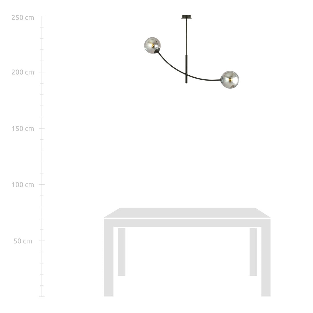 Plafondlamp gepoedercoat staal en glas Hunter 2 zwart met grafiet glazen kappen, 2 lichtpunten E14 – 83 x 60 cm