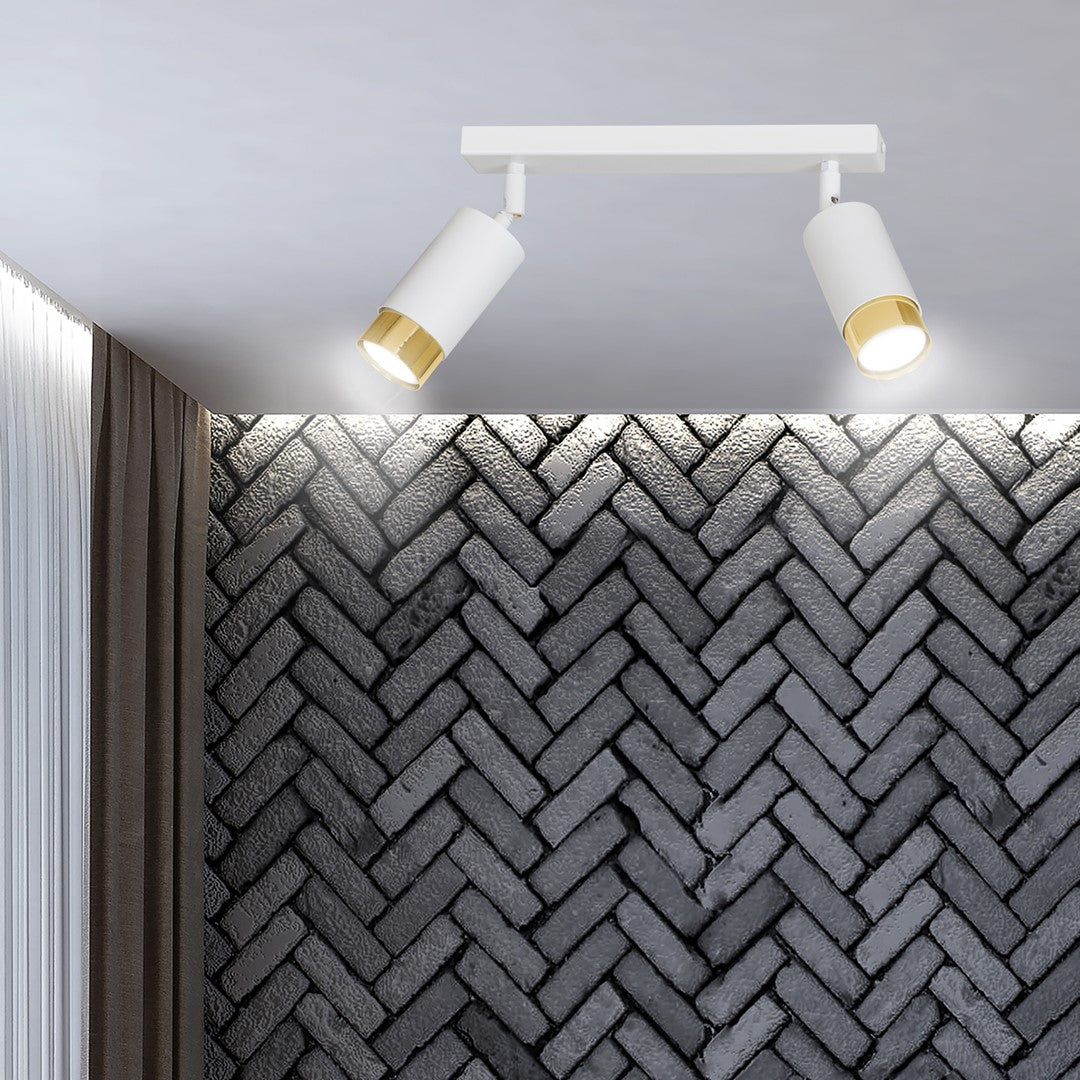 Plafondlamp gepoedercoat staal Hiro modern wit en goud, 2 spots met GU10-fitting, 30 cm breed