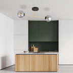 Plafondlamp gepoedercoat staal en glas, Magnum, zwart en goud met grafiet glazen kappen, 2 lichts, 55 cm breed
