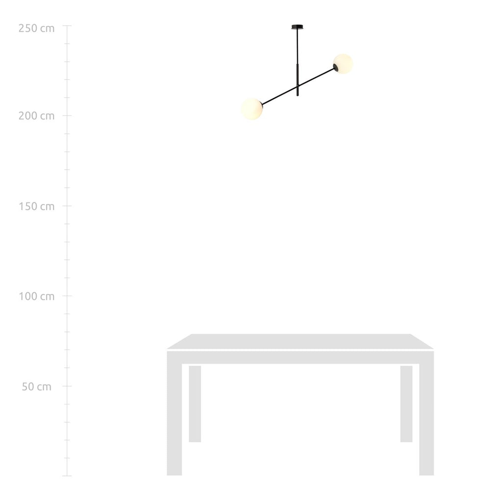 Hanglamp gepoedercoat staal en glas, modern Lineair, zwart met witte glazen kappen, 102 x 51 cm, 2 lichtpunten