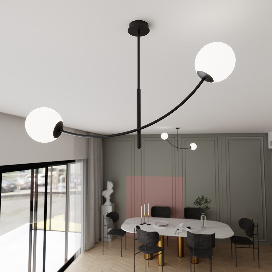 Plafondlamp gepoedercoat staal modern Hunter zwart met witte glazen kappen, 83 x 60 cm, 2 fittingen