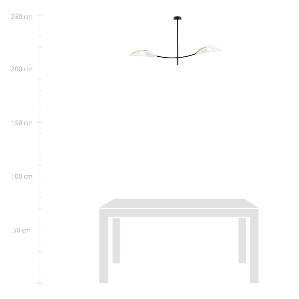 Plafondlamp gepoedercoat staal modern Lotus, zwart met witte stoffen kappen, 2 lichtpunten E14, 103 x 60 cm
