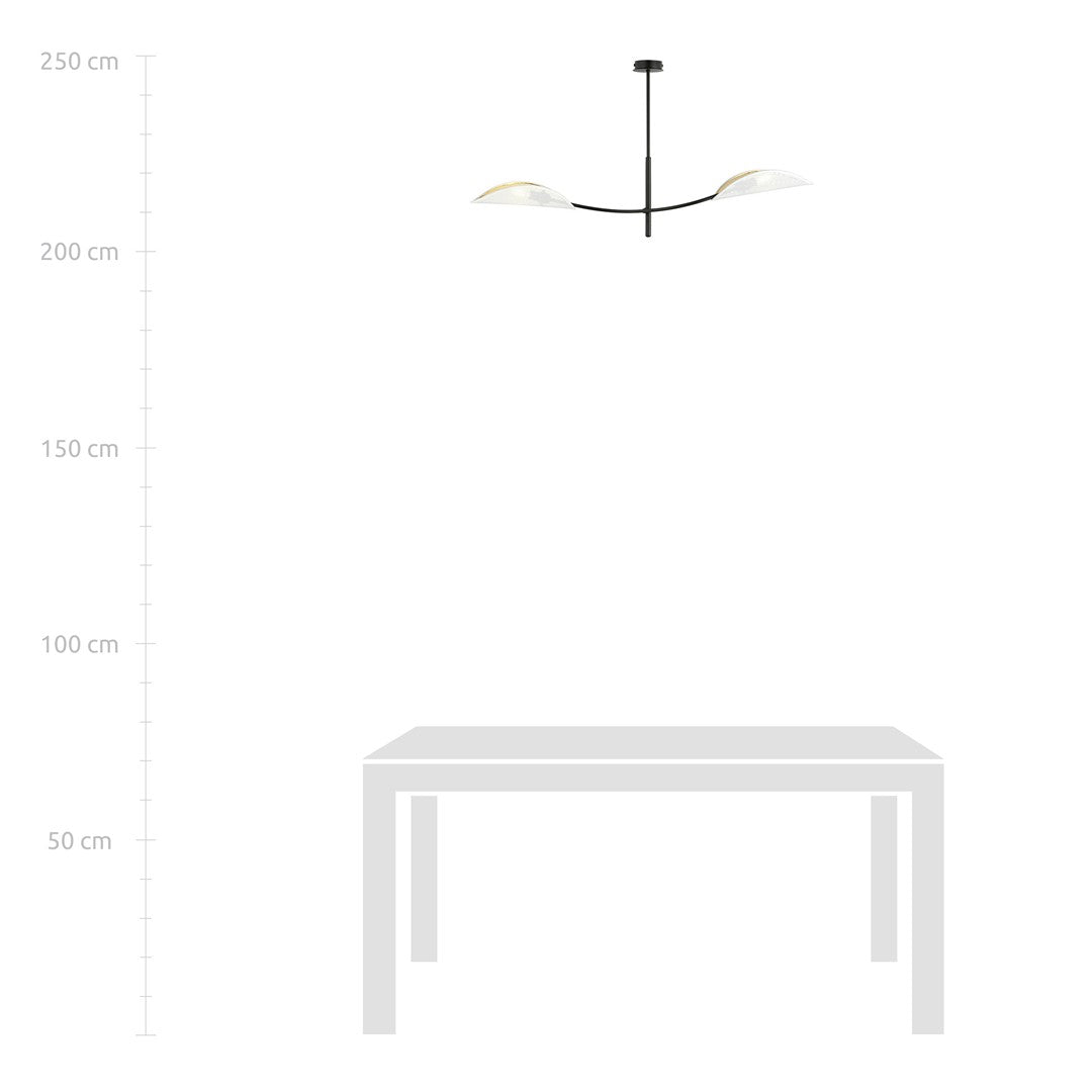 Plafondlamp gepoedercoat staal modern Lotus, zwart met witte stoffen kappen, 2 lichtpunten E14, 103 x 60 cm
