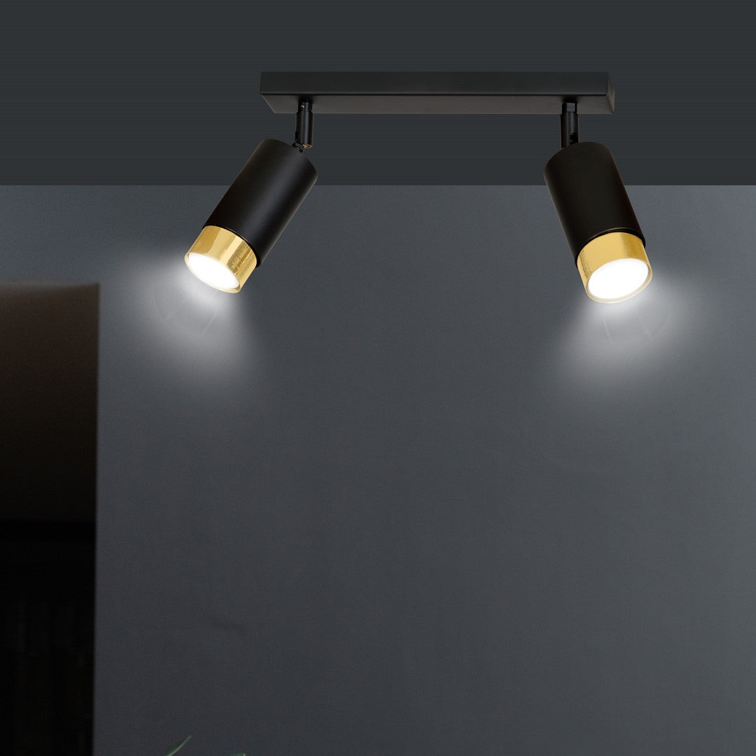 Plafondlamp gepoedercoat staal modern Hiro zwart met goud, 2 richtbare spots, 30 cm breed