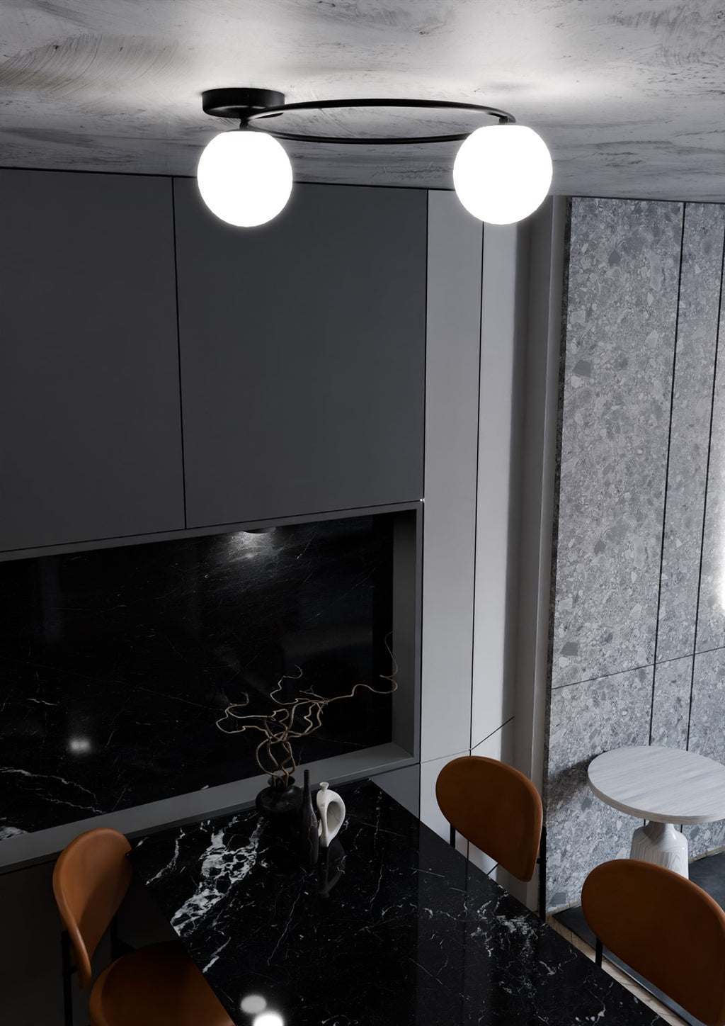 Plafondlamp Sopra 2 gepoedercoat staal en glas, minimalistisch, zwart met witte glazen kappen, 47 x 20 cm