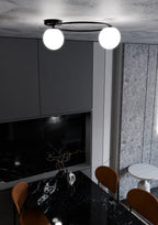 Plafondlamp Sopra 2 gepoedercoat staal en glas, minimalistisch, zwart met witte glazen kappen, 47 x 20 cm